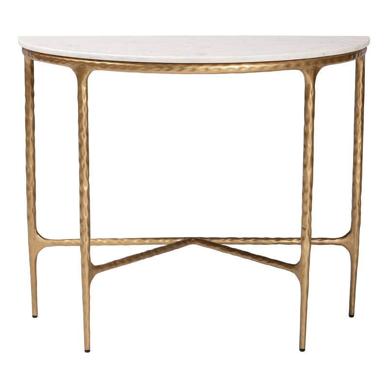 Akanji Marble Console Table - Modern Rustic Accent Table with Hand-Forged Metal Frame and Half-Moon Tabletop