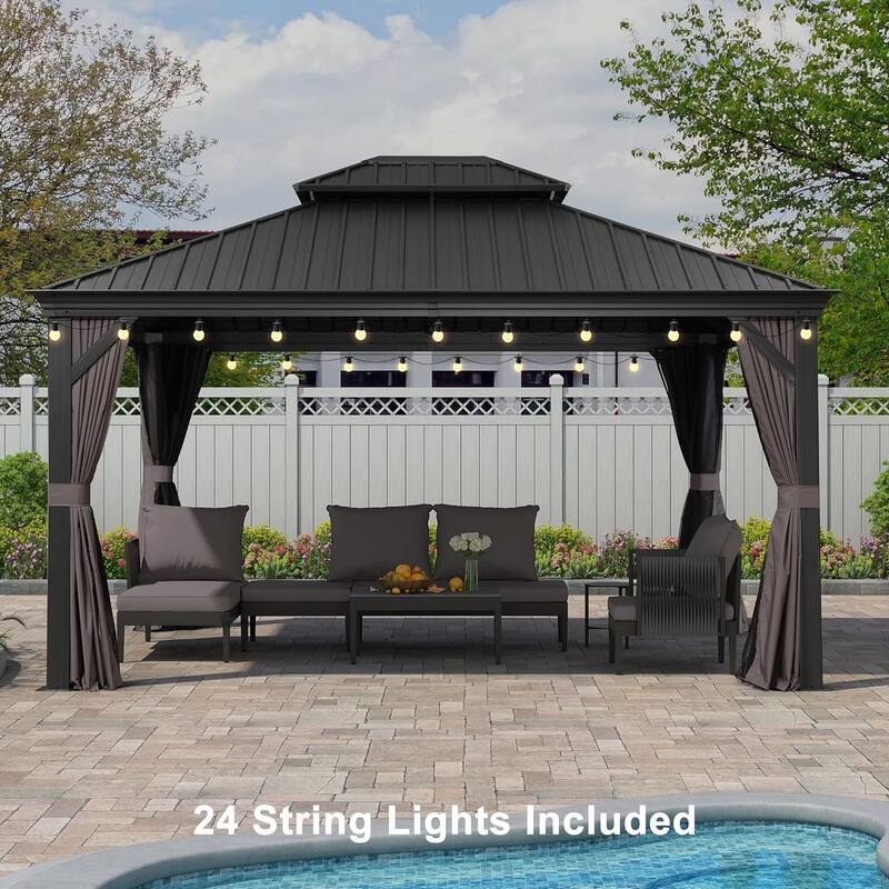 PURPLE LEAF Outdoor Galvanized Steel Hardtop Gazebo, Aluminum Frame Gazebo With Curtains and Light