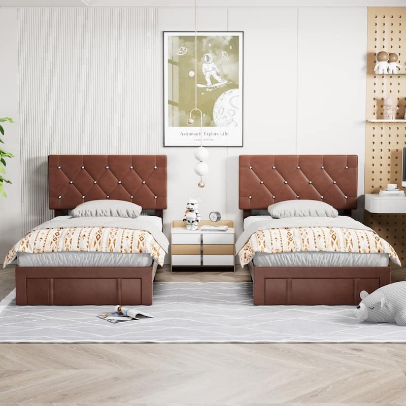 Javlergo 2-Piece Twin Bed Frame Set 39.4-45.3" Adjustable Height PU Leather Headboard with Diamond Embellishment Storage Drawer - Brown.
