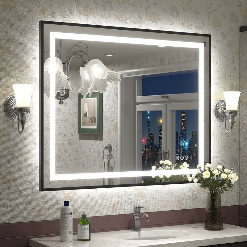 Black Metal Framed LED Front Light and Backlit Anti-Fog Wall Bathroom/ Vanity Mirror - 40" x 32"-Square Corner - Black