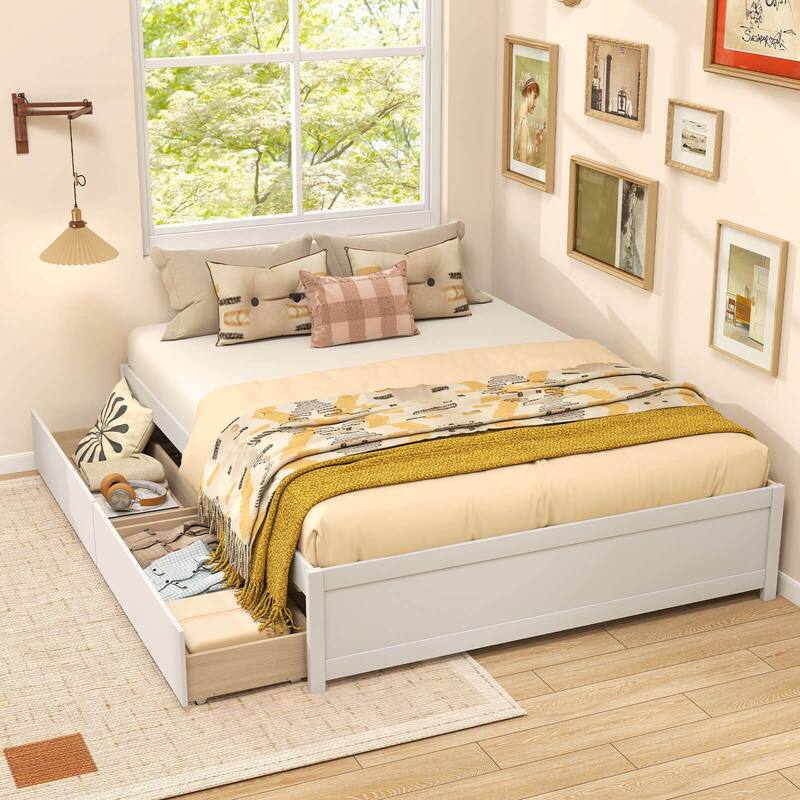 Costway Full/Queen Size Wooden Platform Bed with 2 Rolling Storage