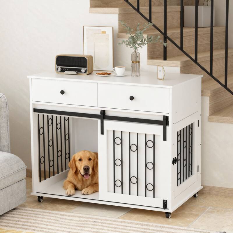 39.37" Dog Crate Furniture with Double Drawers and Sliding Barn Door, Decorative Pet Kennel End Table with Lockable Wheels - White