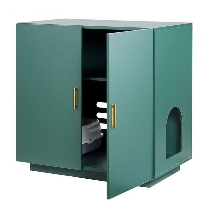 Dark Green P2 Particle Board Cat Litter Box Enclosure with Gold Handles - 31.50 × 19.69 × 31.10 inch