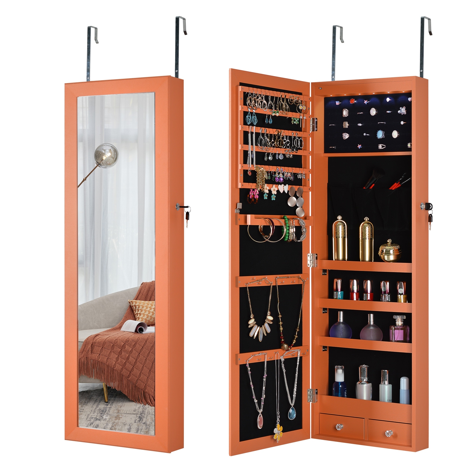 Wall mounted jewelry box with shop mirror