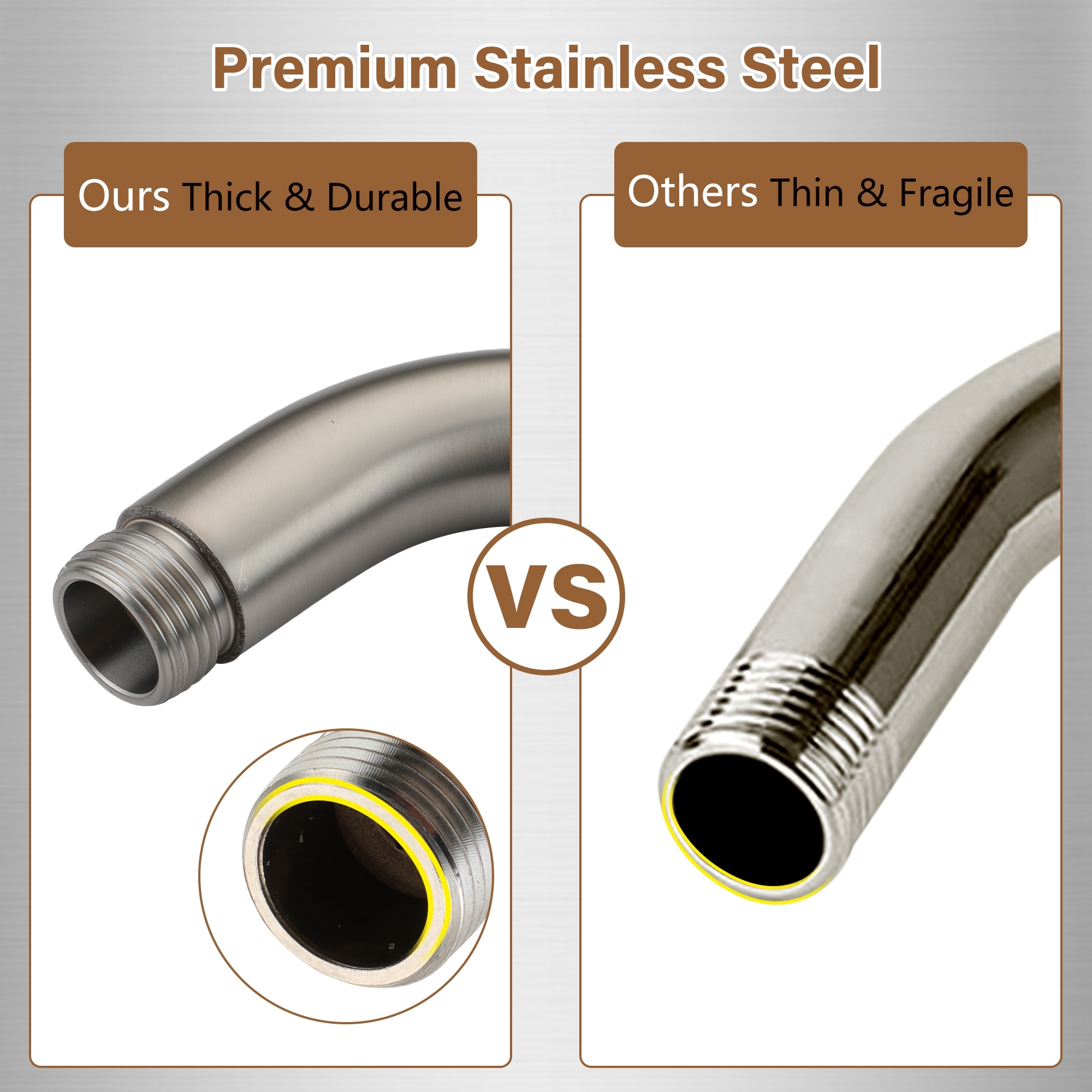 12" Long Stainless Steel Shower Head Arm – Wall Mount Extension Pipe, 1/2" External Thread, Chrome Finish (Arm Only)