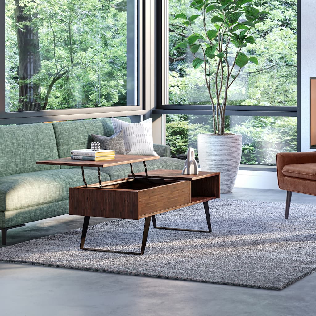 WYNDENHALL Mitchell SOLID WOOD 48 inch Wide Rectangle Modern Lift Top Coffee Table in Distressed Charcoal Brown