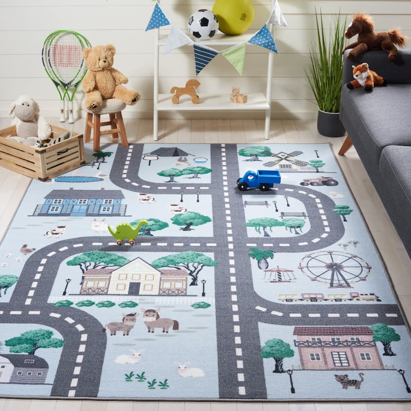 SAFAVIEH Kids Playhouse Machine Washable Slip Resistant Merrilee Neighborhood - 3' 3" x 5' 3" - Blue/Dark Grey - Rectangle