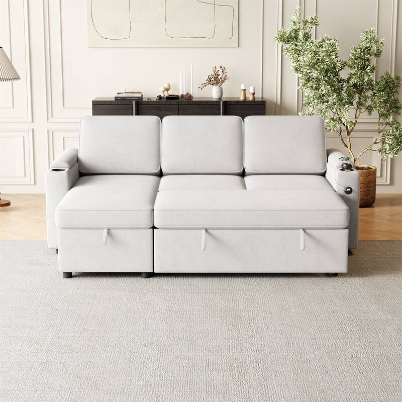 85.8" 2 in 1 Pull Out Sleeper Sofa with Pull Out Bed and Charging Port - Light Grey