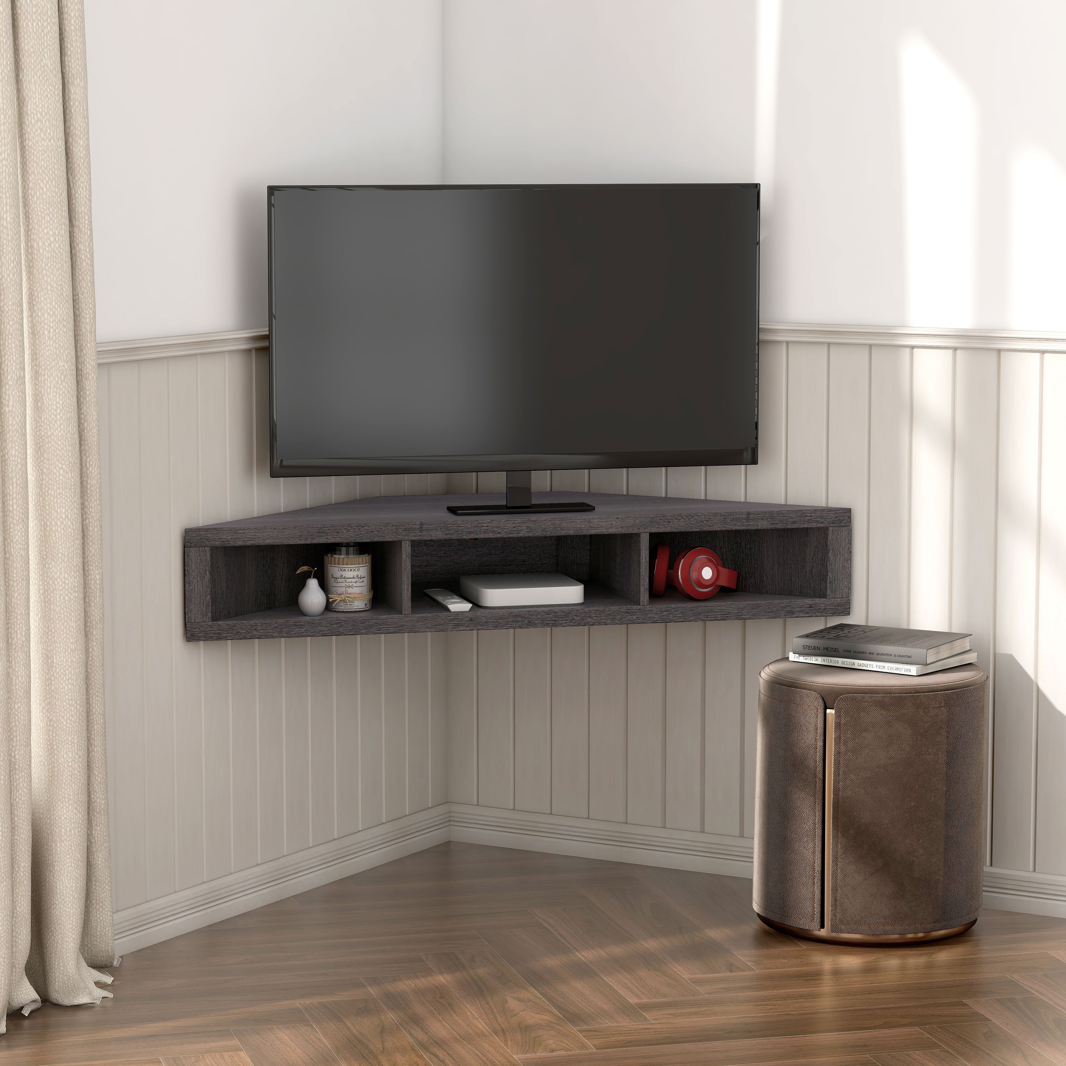 White oak floating outlet corner tv stand