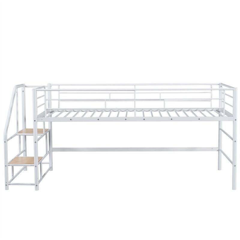 Twin Size Mid Loft Bed with Storage Stairs, Heavy Duty Metal Loft Bed Frame with Guardrails, Kids Playhouse Bed with Slats