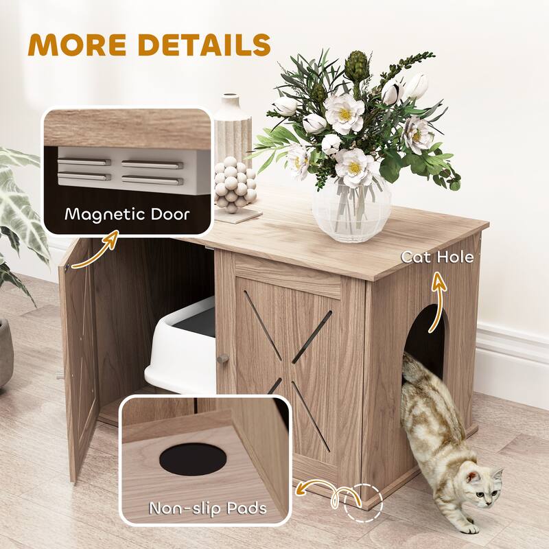 PawHut Cat Litter Box Enclosure, Hidden Cat Litter Box Furniture with Ventilated Door, Cat Hole, Walnut