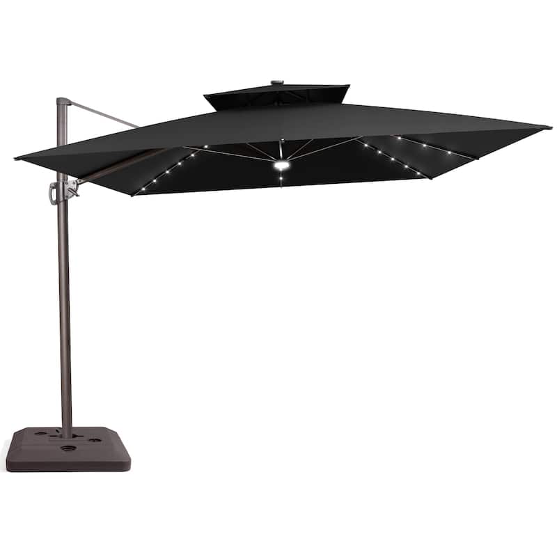 Outdoor Solar Powered LED Double Top Patio Cantilever Umbrella with Base Stand - Black