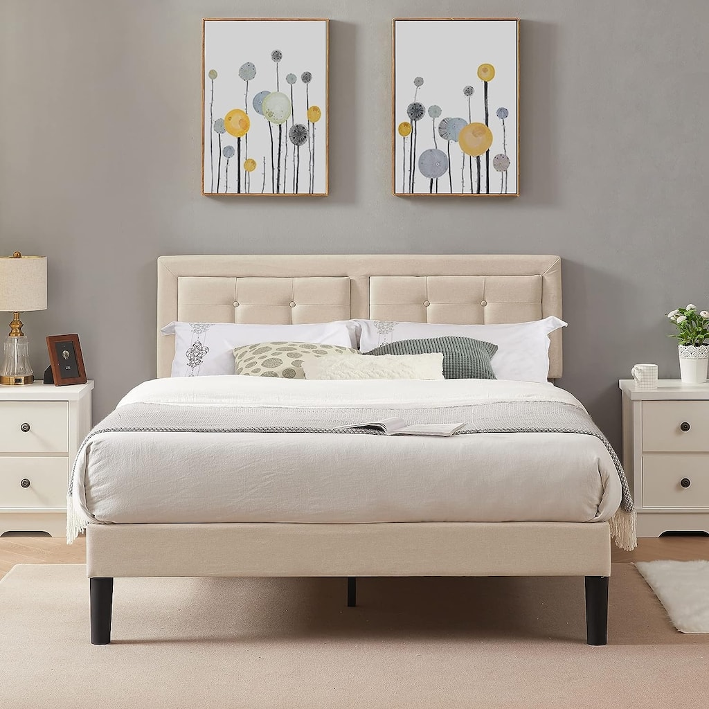 VECELO Tufted Upholstered Platform Bed Frame with Adjustable Headboard,Beige-Just have Full Size Bed