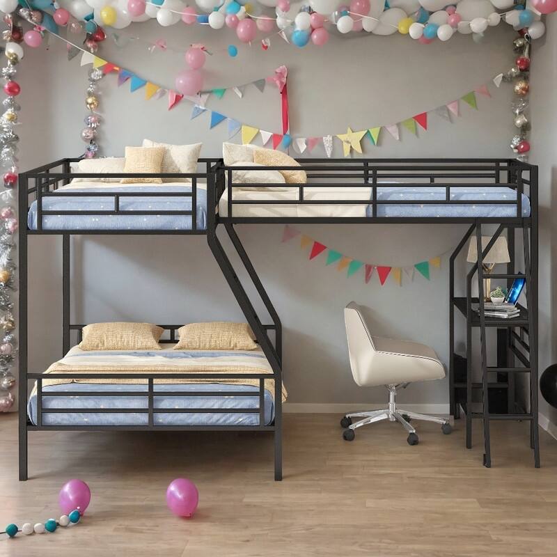 Metal Twin over Full Bunk Bed with a Twin Size Loft Bed attached Kids Bed with Desk and Ladder Kids Furniture, Black