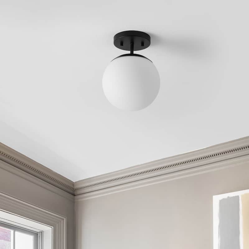 Galax Bistro 7.75" 1-Light Bohemian Farmhouse Iron/Frosted Glass LED Semi Flush Mount, Brass Gold/White by JONATHAN Y