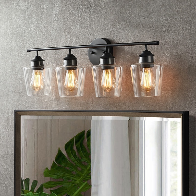 KAWOTI 4-Light Dimmable Metal Bathroom Vanity Light with Glass Shade - Painted Black