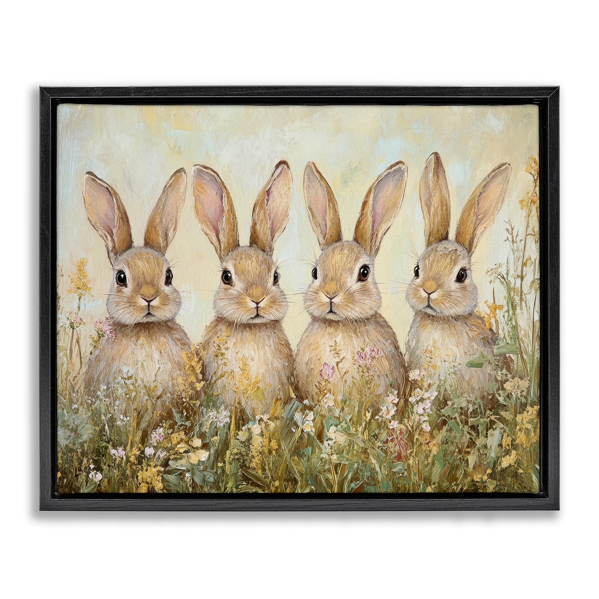 Stupell Four Bunnies in Flowers Framed Floater Canvas Wall Art Design By Petal Prints Design