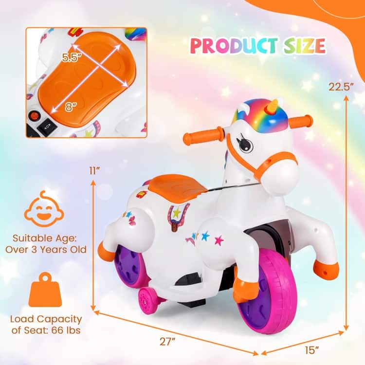 Kids 12V Unicorn Ride-On Toy with Training Wheels Fun and Safe Horse Riding Mode - 27” L x 15” W x 22.5” H