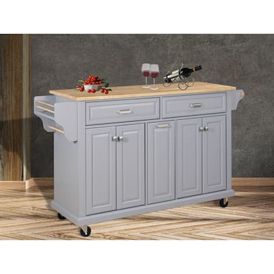 60" Kitchen Island Cart with Two Storage Cabinets & Two Locking Wheels, 4 Doors Cabinet and Two Drawers, Spice Rack, Towel Rack