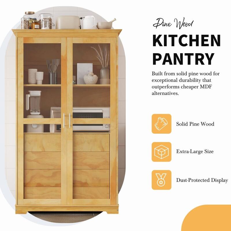 75" Tall Pine Wood Kitchen Pantry Cabinet with Glass Doors Four Drawers and Anti-Tipping Safety Features