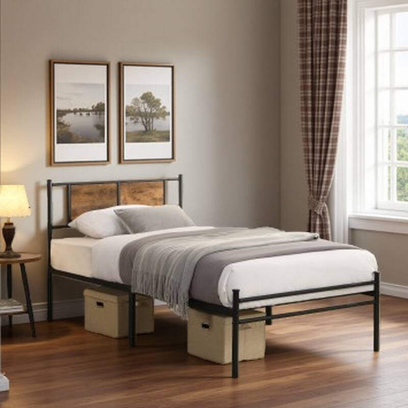 Queen Size Metal Bed Frame with Wood Panel Headboard, Sturdy Steel Structure, Under-Bed Storage, No Box Spring Needed - Twin Black+Brown - Twin