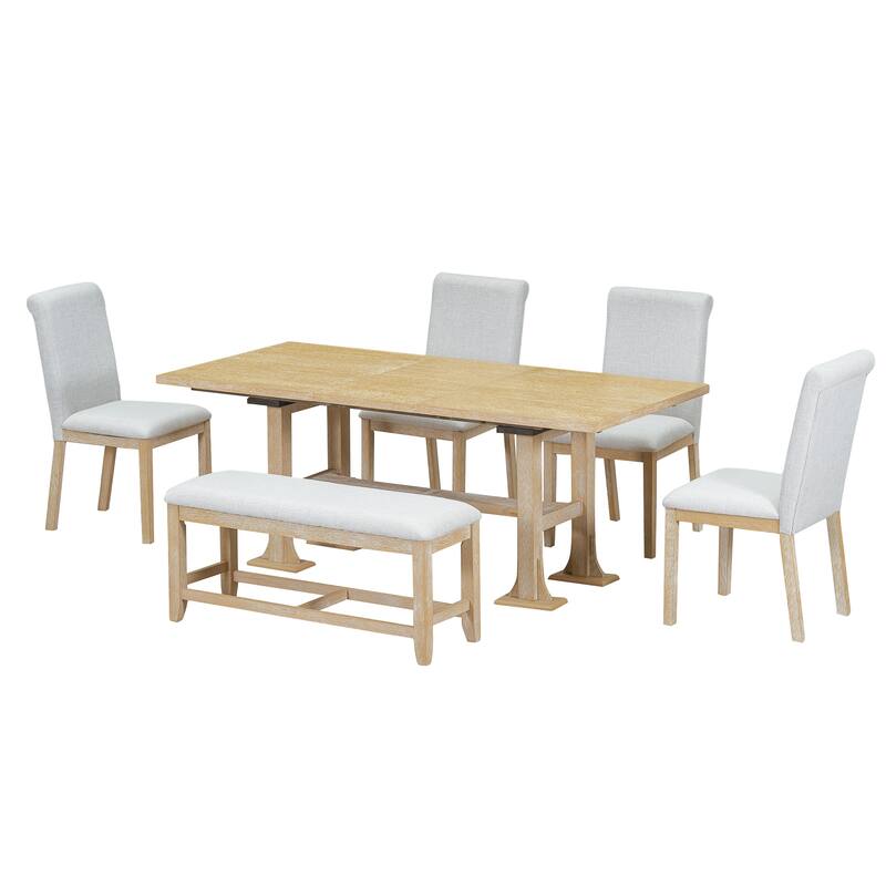 Farmhouse Style 6-Piece Extendable Dining Table Set with Removable Leaf and 4 Upholstered Chair and Bench