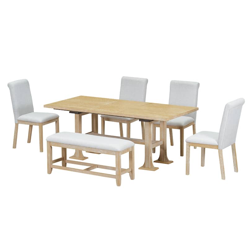 Trestle Kitchen Table Set for 6, Simple Upholstered Dining Chair and Bench Set for Dining Room, Extendable Dining Table