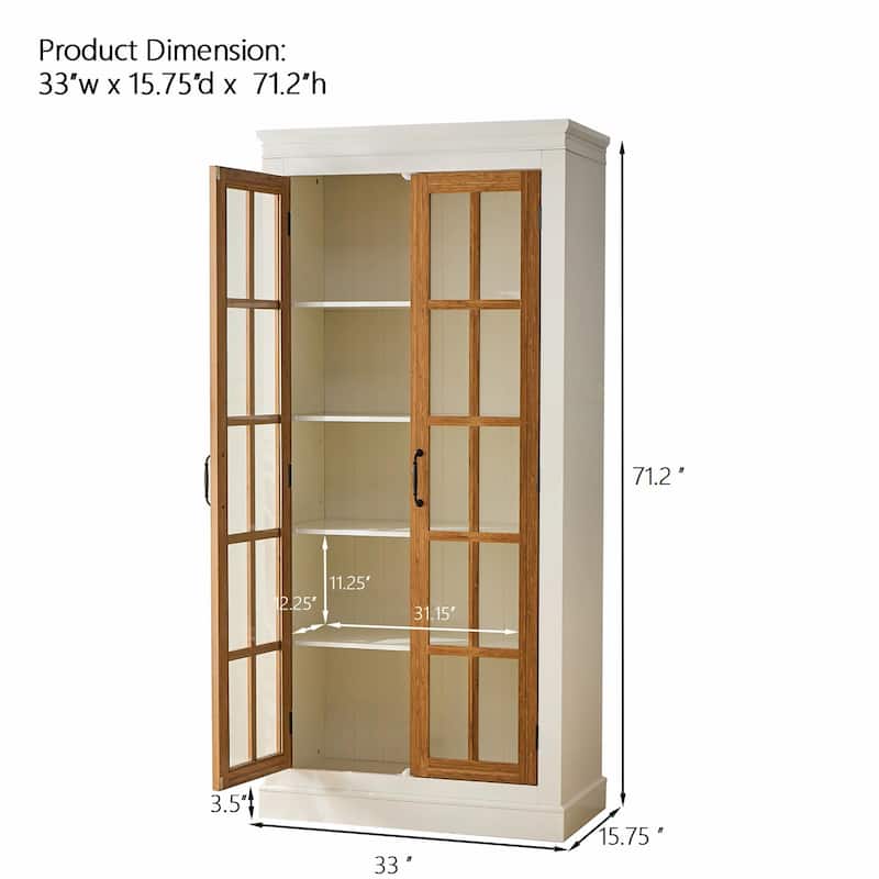 Farmhouse Glass Curio Cabinet - 71" Tall with Adjustable Shelves