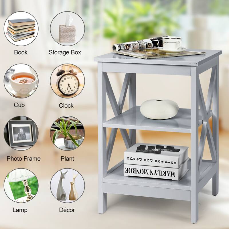 Gymax 2 PCS 3-Tier Nightstand End Table X Design Storage Display Shelf