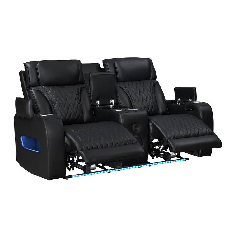 Jazz Leather Aire Pwr Reclining Sofa & Loveseat Set w/Pwr Headrest, BT Spkrs, LED, Wireless Chrg Drop Tbl, USB, Strg & Cuphldrs