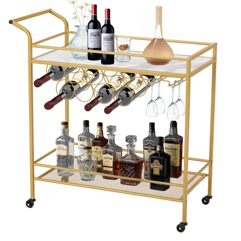 EROMMY Gold Bar Cart with Wheels, Rolling Liquor Cart with Wine Rack and Glass Holder, Modern Bar Trolley for Home Kitchen.