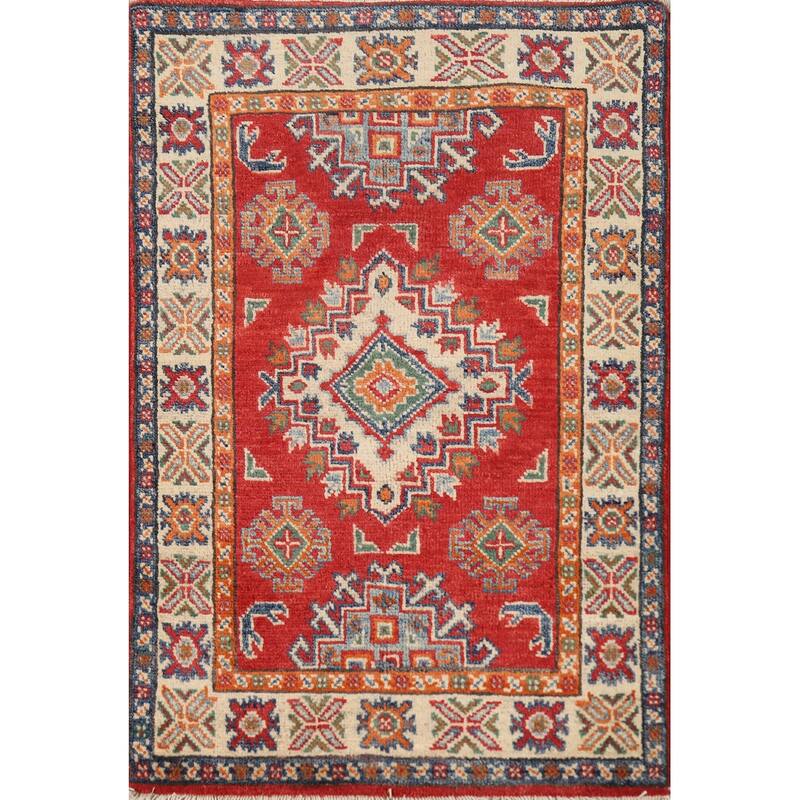 Traditional Kazak Oriental Foyer Rug Hand-Knotted Red Wool Carpet - 2'0"x 3'0"