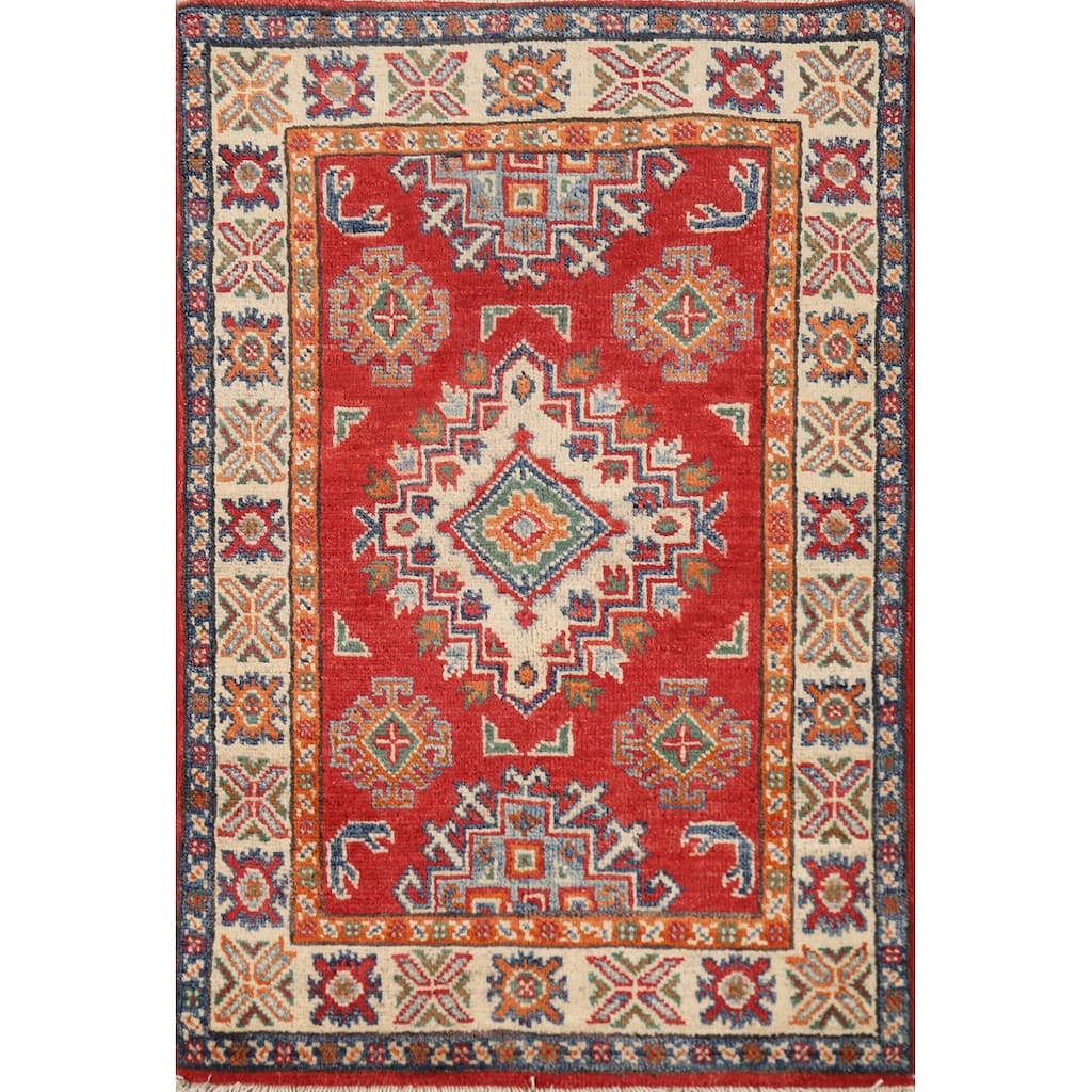 Traditional Kazak Oriental Foyer Rug Hand-Knotted Red Wool Carpet - 2'0"x 3'0"