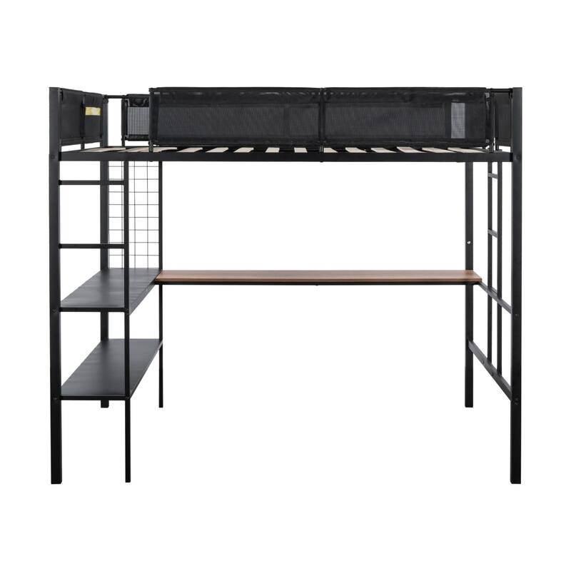 Full Size Metal Loft Bed with Built-in Desk, Shelves & Textilene Guardrail - Space Saving Design with Noise-Free Wood Slats