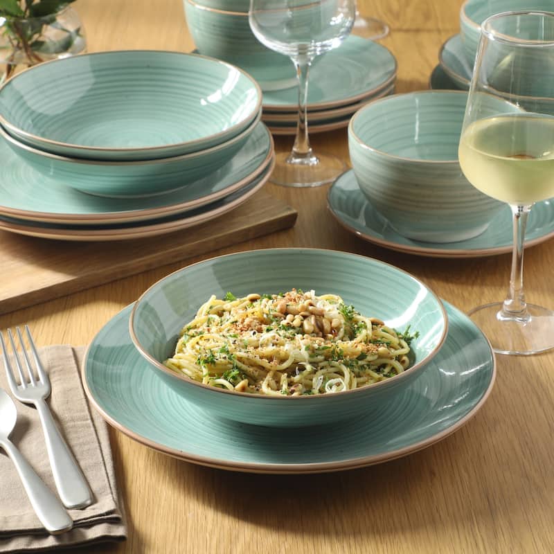 Gibson Home Stonebury 16 Piece Plates and Bowls - Handpainted Stoneware Dinnerware Set - Service for 4