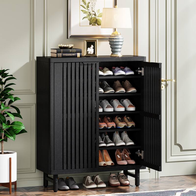Wooden Shoe Cabinet with Shutter Doors, Adjustable Shelves Large Hidden Storage Organizer Rack for Entryway Hallway