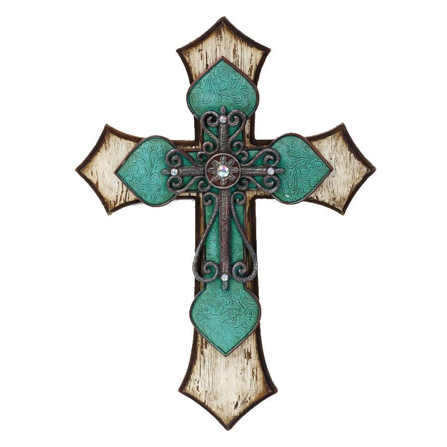 Paseo Road by Hiend Accents Triple Layer Turquoise Cross Wall Décor with Metal Scrollwork, 22" x 15.5", 1PC
