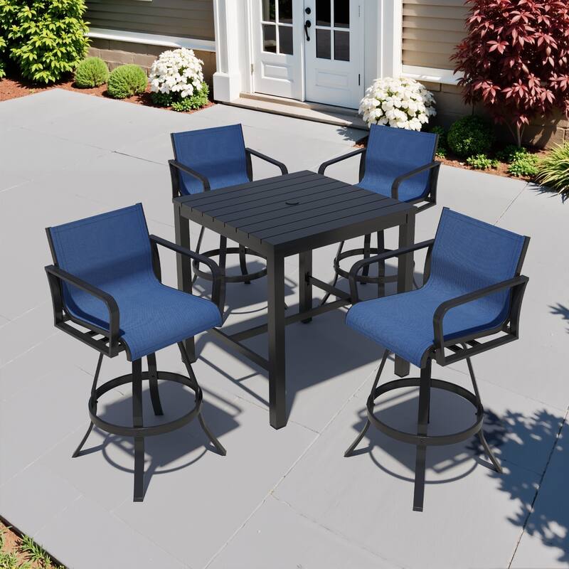 3/5-Piece Outdoor Bar Stools Set Cast Aluminum Sunbrella Swivel Bar Stools and Table - Navy Blue - Set of 5