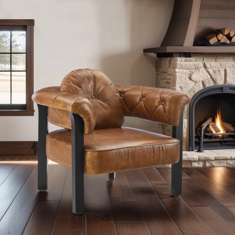 Art Leon Mid-century Top Grain Leather and Wood Accent Chair