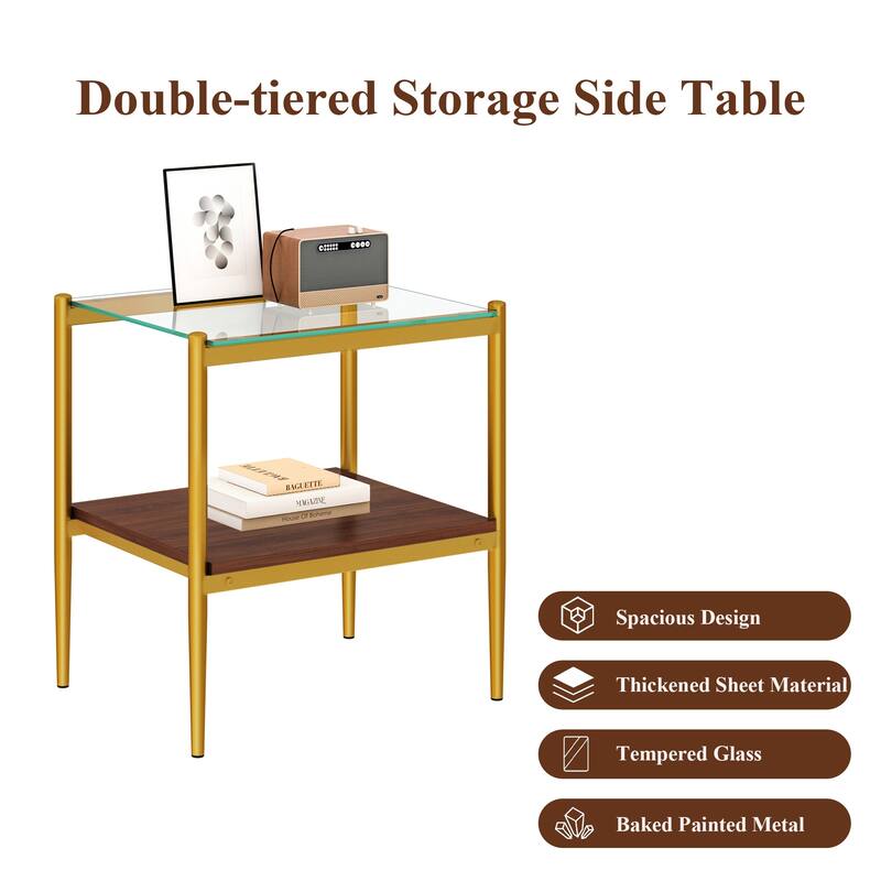 Set of 2 Rectangle End Table, Tempered Glass Tabletop with MDF layer, Modern Table for Living Room, Transparent Glass