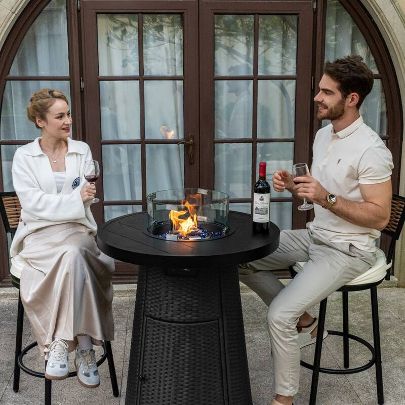 31.5" Wicker Propane Bar Height Fire Pit Table, 40,000 BTU Outdoor Round Gas Fire Table with Fire Glass Stone