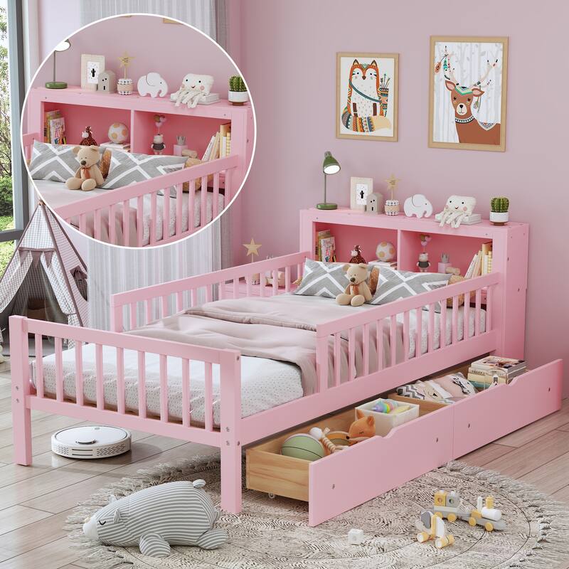Pink Twin Size Bed with Headboard Storage, Safety Guardrails & Under-Bed Drawers