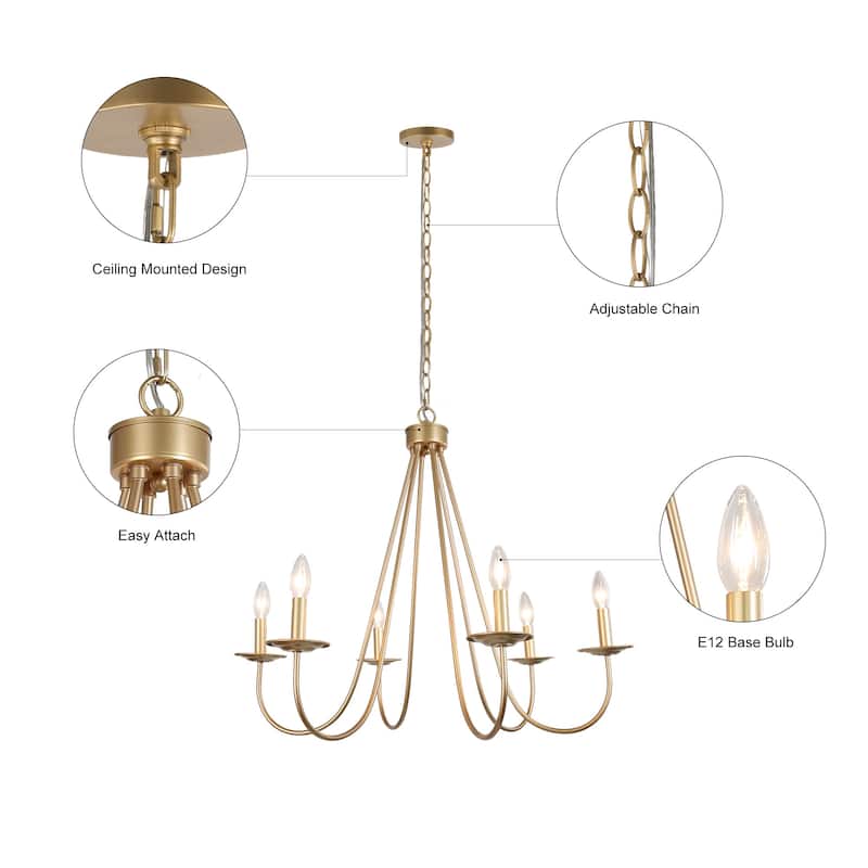 Rella Modern Farmhouse Chandelier 6-light Classic Candle Metal Dining Room Pendant - Light Gold - D28" x H24"