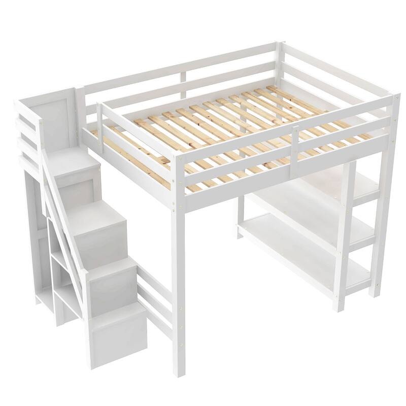 Wood Full Size Loft Bed with Shelves, Storage Staircase, Small Wardrobe and LED Light, Loft Bed Frame w/Slats Support