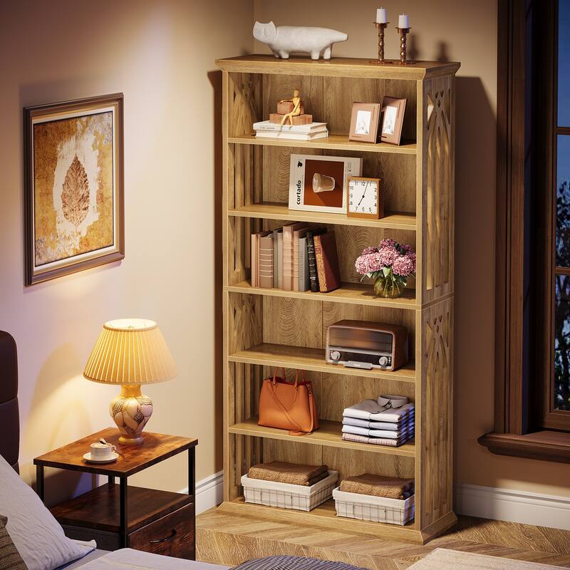 6 Tier Bookshelf, 75 Inch Tall Bookcase, Freestanding Display Shelves - Light Brown