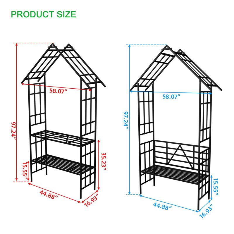 Metal Garden Arch with Bench Turned into Flower Stand Black