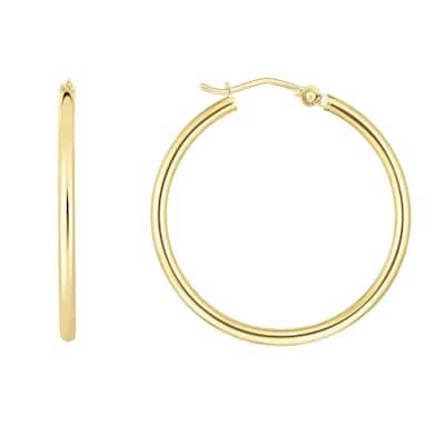 Curata 14k Yellow Gold 2x30mm Shiny Round Tube Hoop Fancy Earrings With Hinged Clasp