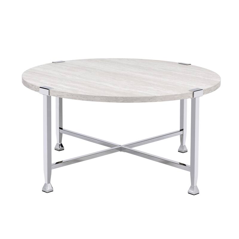 Coffee Table with X Shaped Metal Base and Round Wooden Top,Silver and Beige