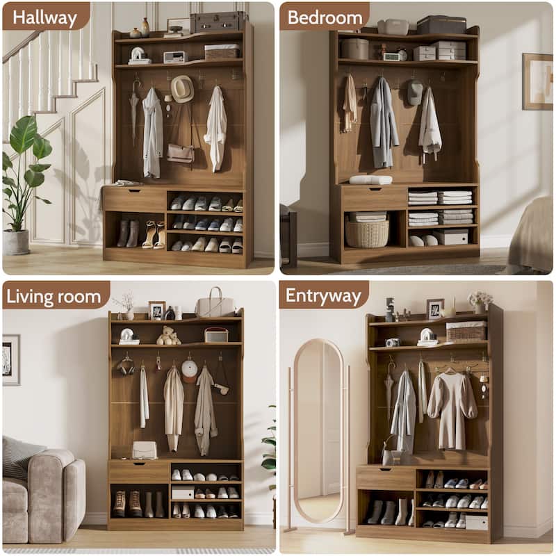 Hall Tree with Bench and Shoe Storage, 5 in 1 Entryway Organizer with Flip Shoe Cabinet, Hooks and Drawer