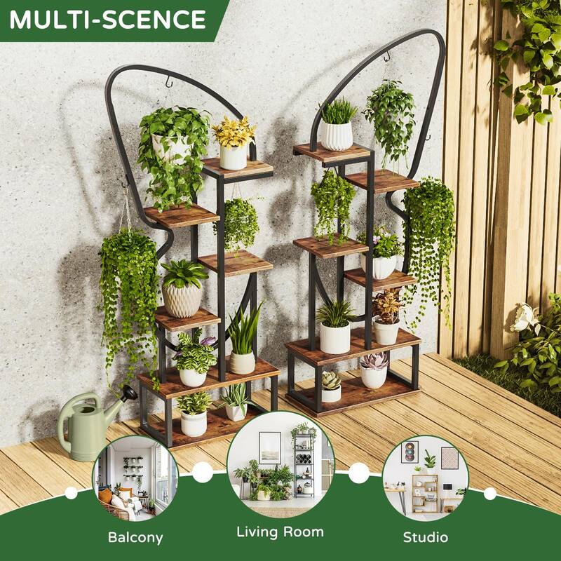 6 Tier Butterfly-Shaped Plant Stand, Indoor Tall Metal Plant Stand with 6 Plant Hooks & 12 Boards, Large Ladder Plant Shelf